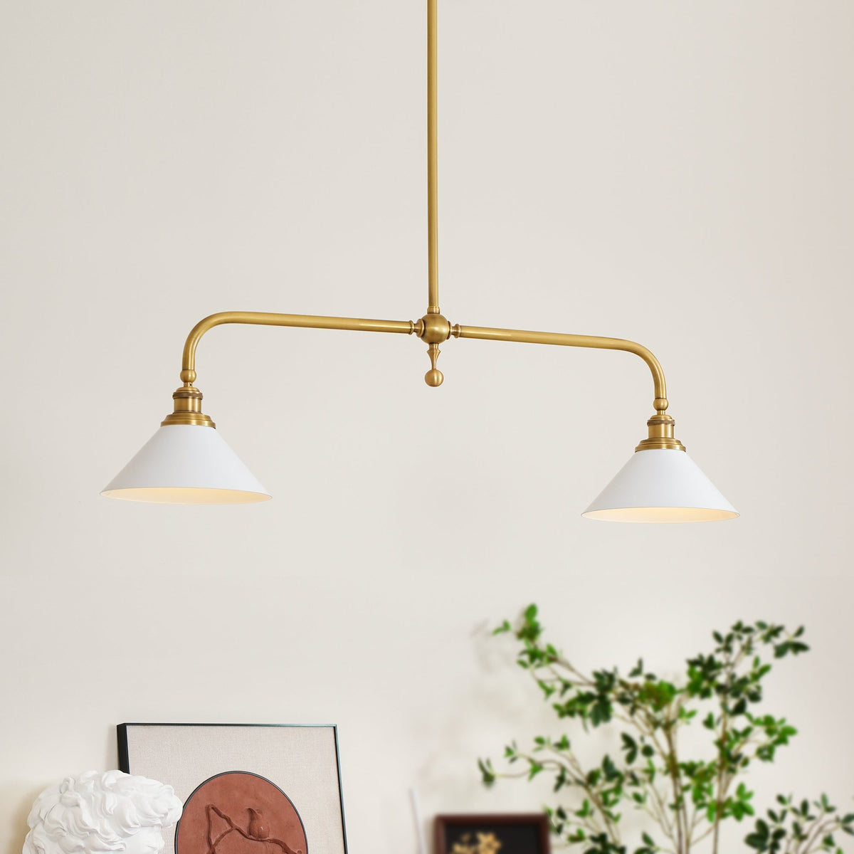Brass Two-Head Pendant Light with Ceramic Shades | Kitchen Island Fixture