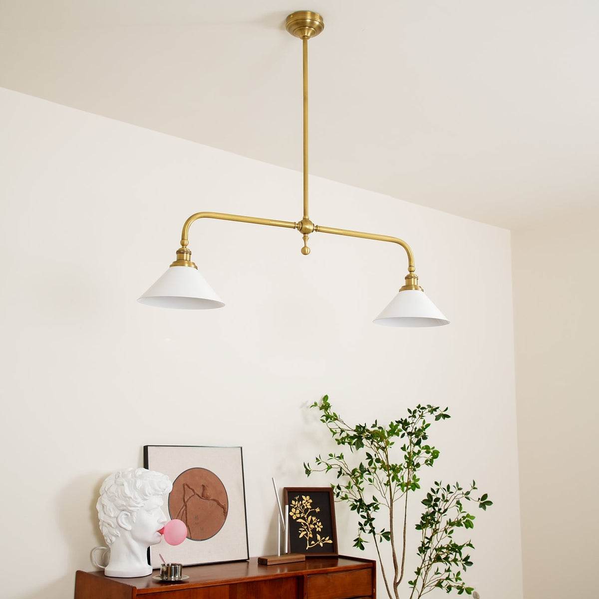 Brass Two-Head Pendant Light with Ceramic Shades | Kitchen Island Fixture