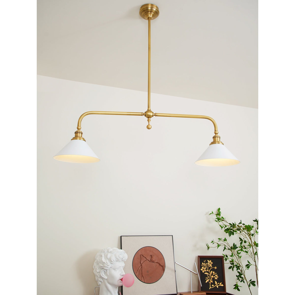 Brass Two-Head Pendant Light with Ceramic Shades | Kitchen Island Fixture