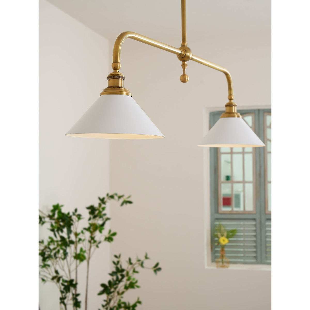 Brass Two-Head Pendant Light with Ceramic Shades | Kitchen Island Fixture