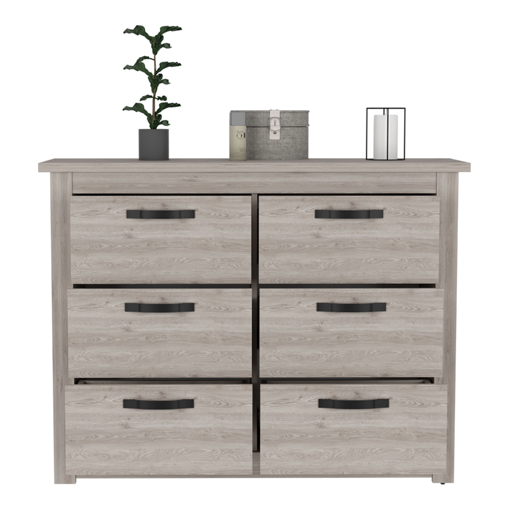 6 Drawer Double Dresser Toret, Metal Hardware, Light Gray Finish-3