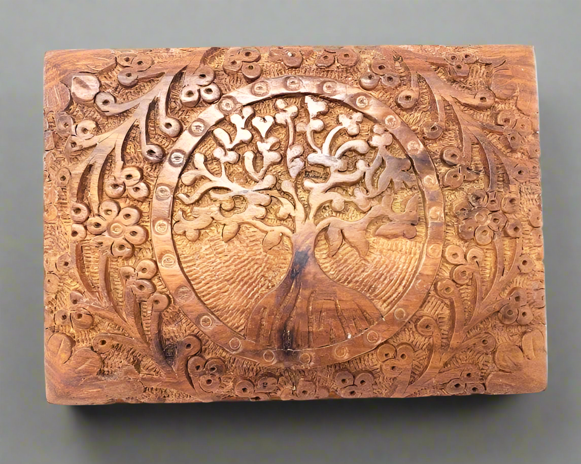 Tree of Life Hand Carved Wooden Box - 5"x7" Jewelry & Keepsake Storage Box