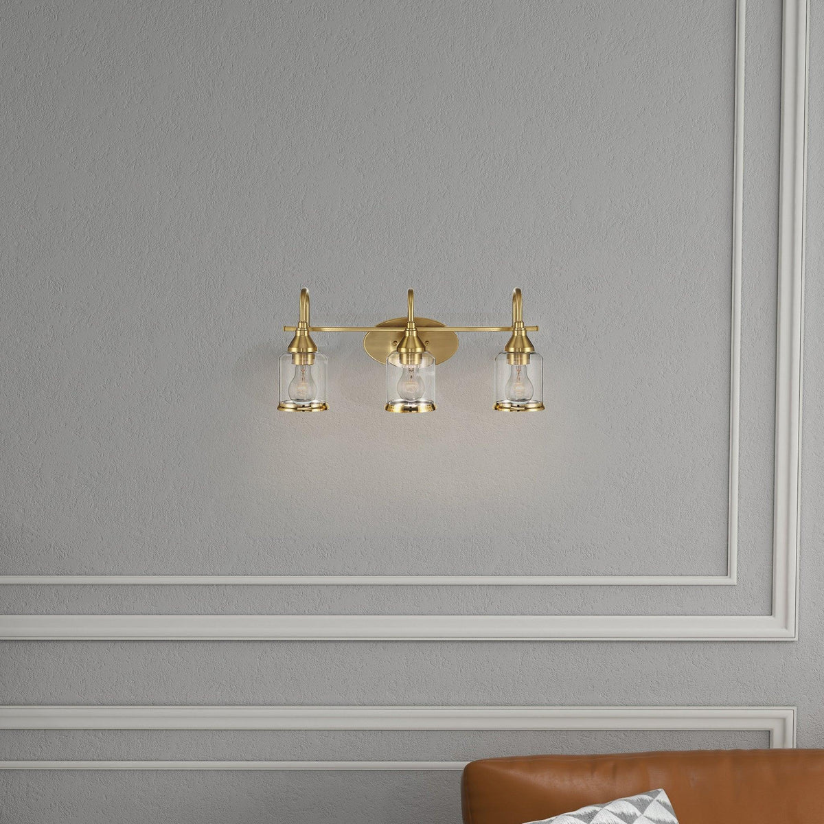 Brushed Gold Vanity Light | 3-Light Contemporary Wall Sconce with Clear Glass Shades — Bathroom, Dining Room & Entryway Fixture