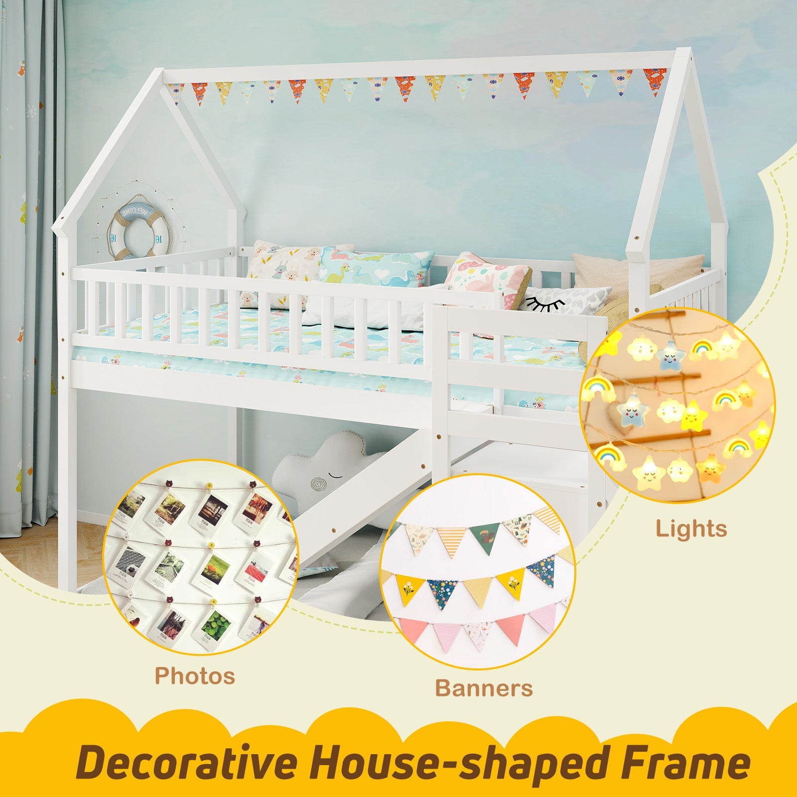 Twin Over Twin Bunk Bed with Slide and Staircase-White