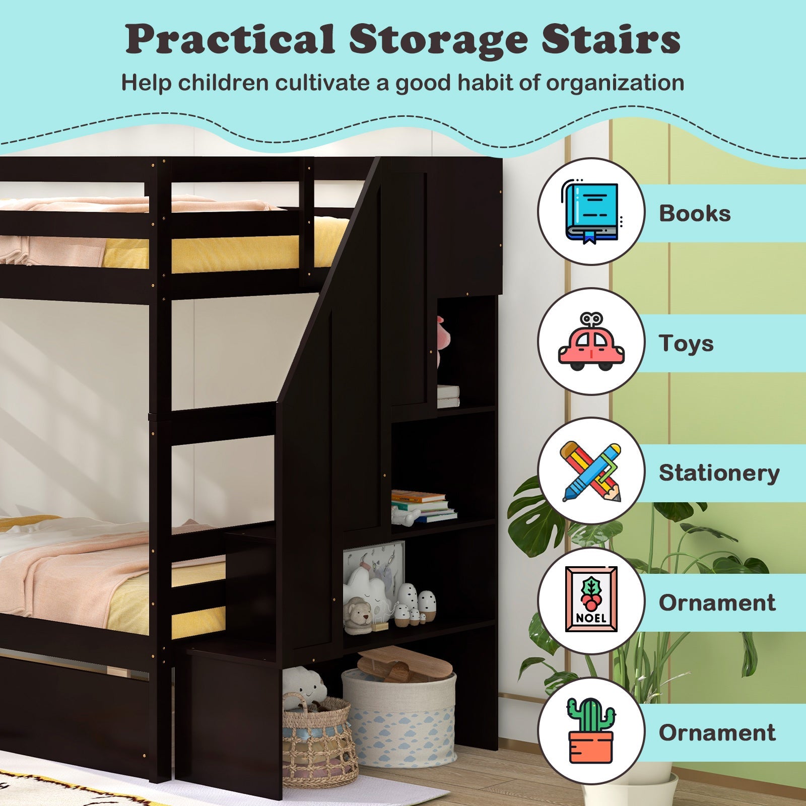 Twin Over Twin Bunk Bed with Storage Stairs and Drawers