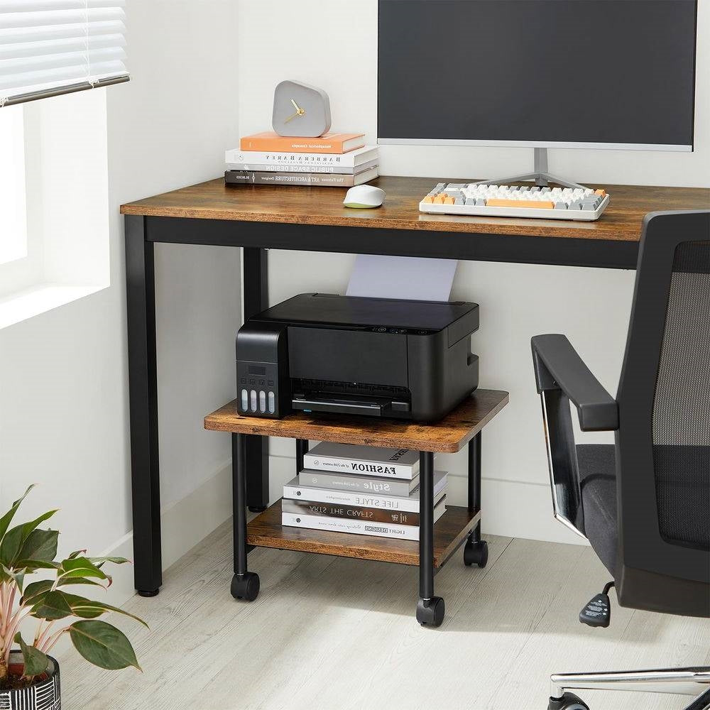 Industrial Black Metal Rustic Wood Printer Stand Cart with Bottom Paper Shelf-1