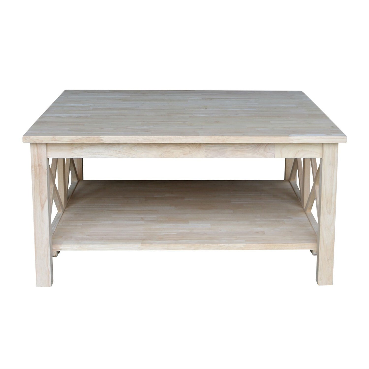 Square Unfinished Solid Wood Coffee Table with Bottom Shelf-2