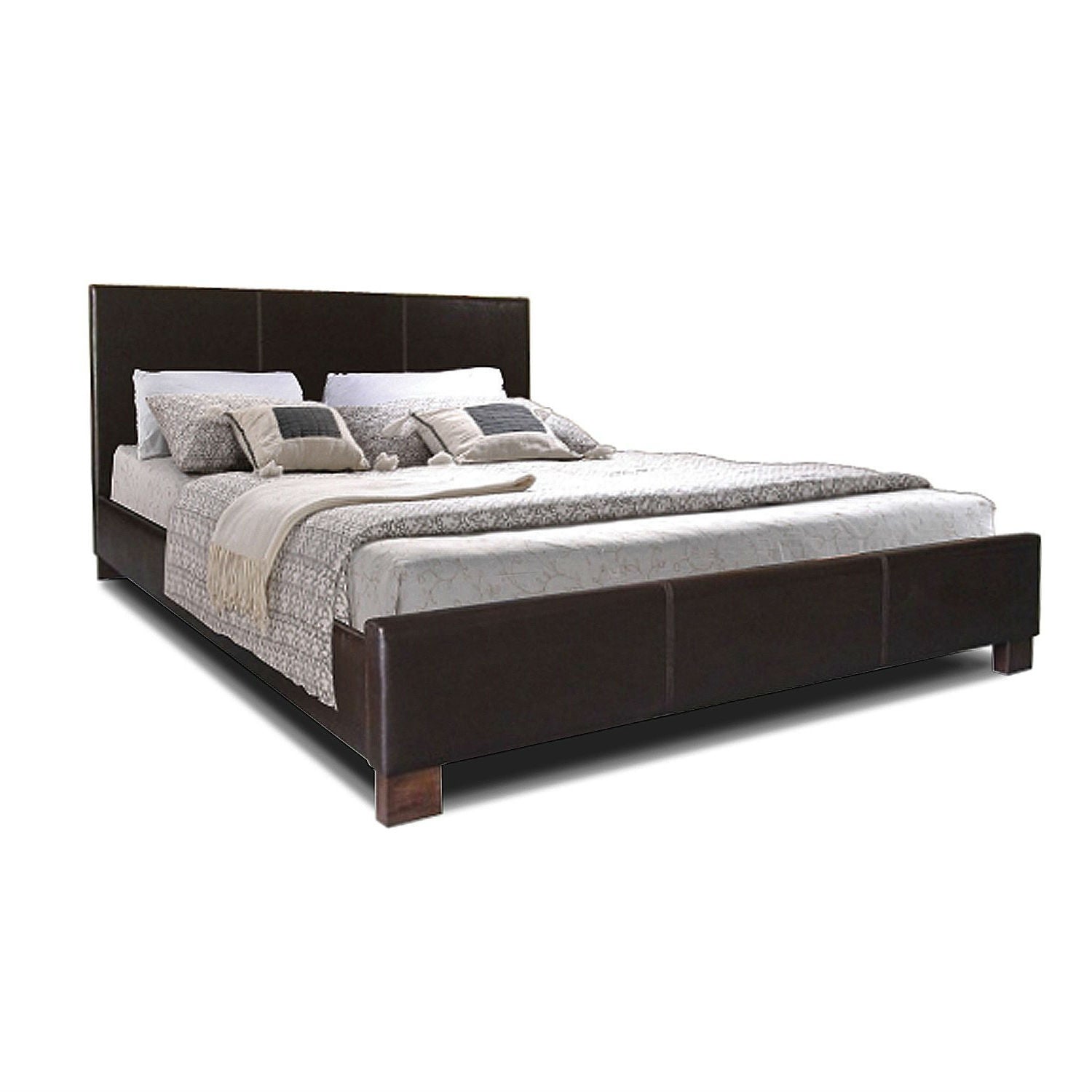 Queen size Dark Brown Faux Leather Upholstered Platform Bed Frame with Headboard-0