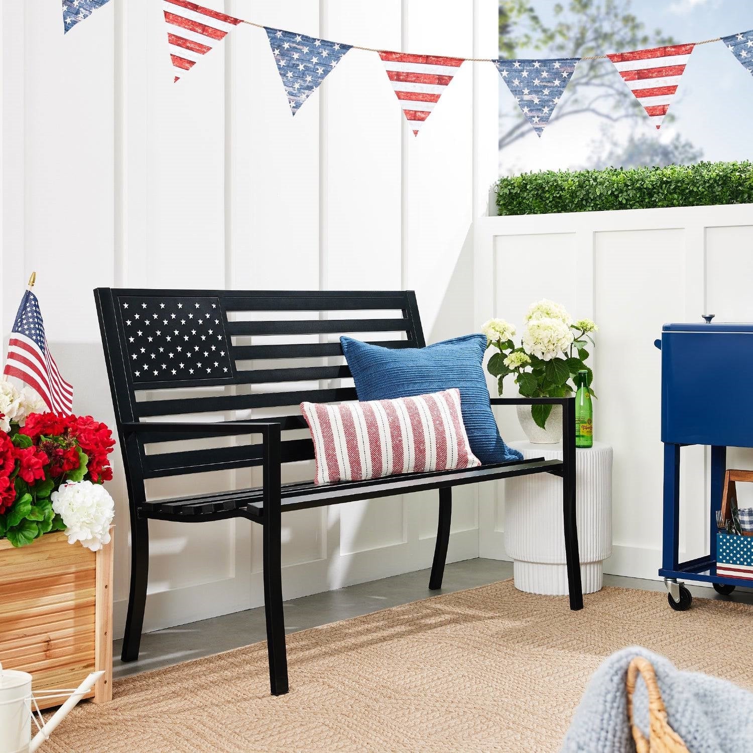 2 Person Patriotic USA Black Metal Bench with American Flag Backrest-2
