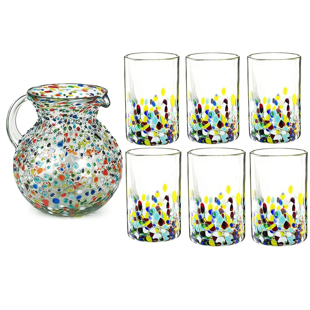 The Wine Savant Hand Blown Mexican Drinking Glasses and Pitcher – Set of 6 with Mexican Confetti Design (14 oz each) and Pitcher (84 Ounces) (Confetti)-3