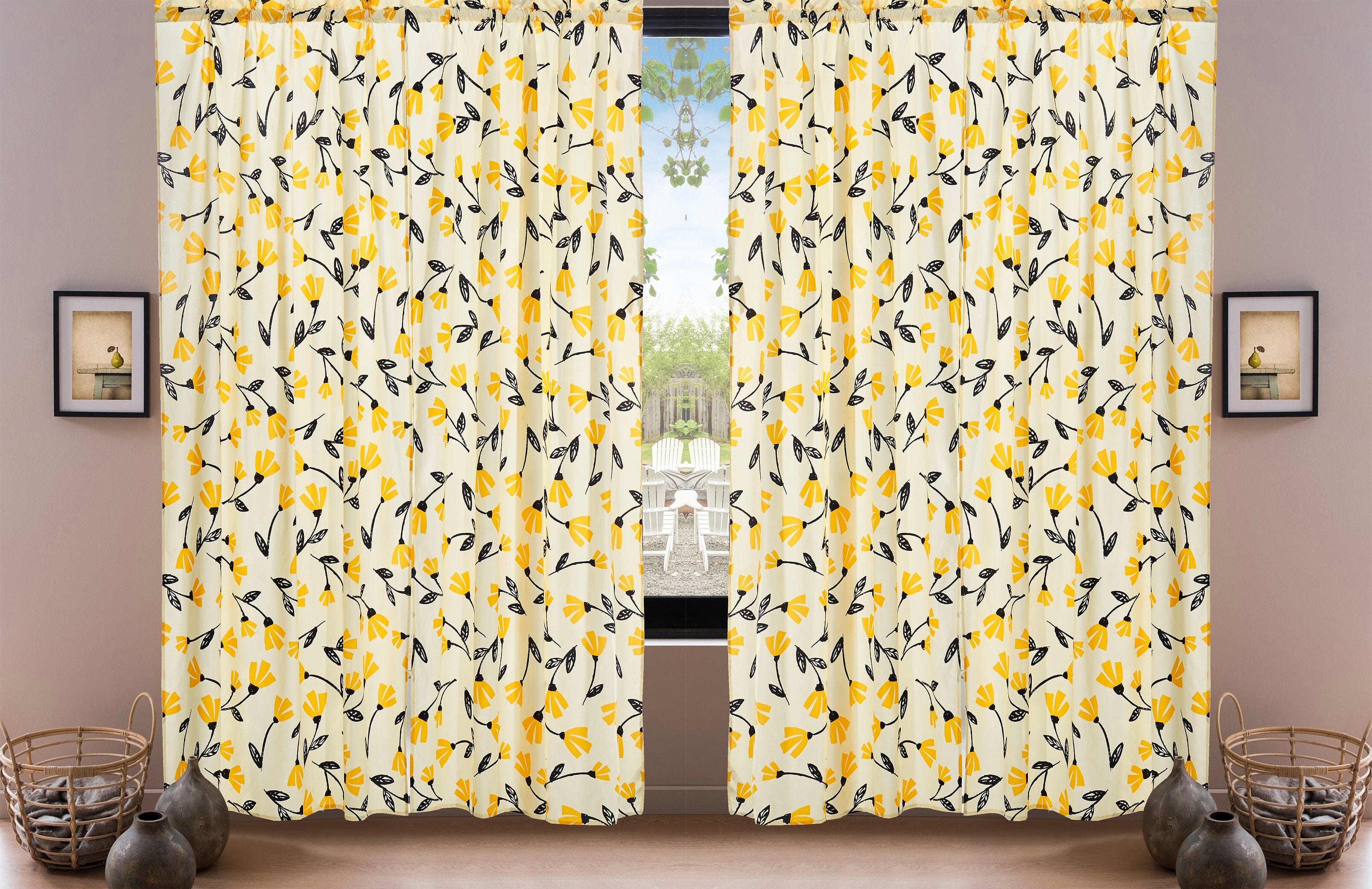 DaDa Bedding Set of 2 Botanical Floral Window Curtain Panels - Natural Semi Sheer Yellow Fleur Golden Orange Spring Time Tulips Straight Tailored Edge