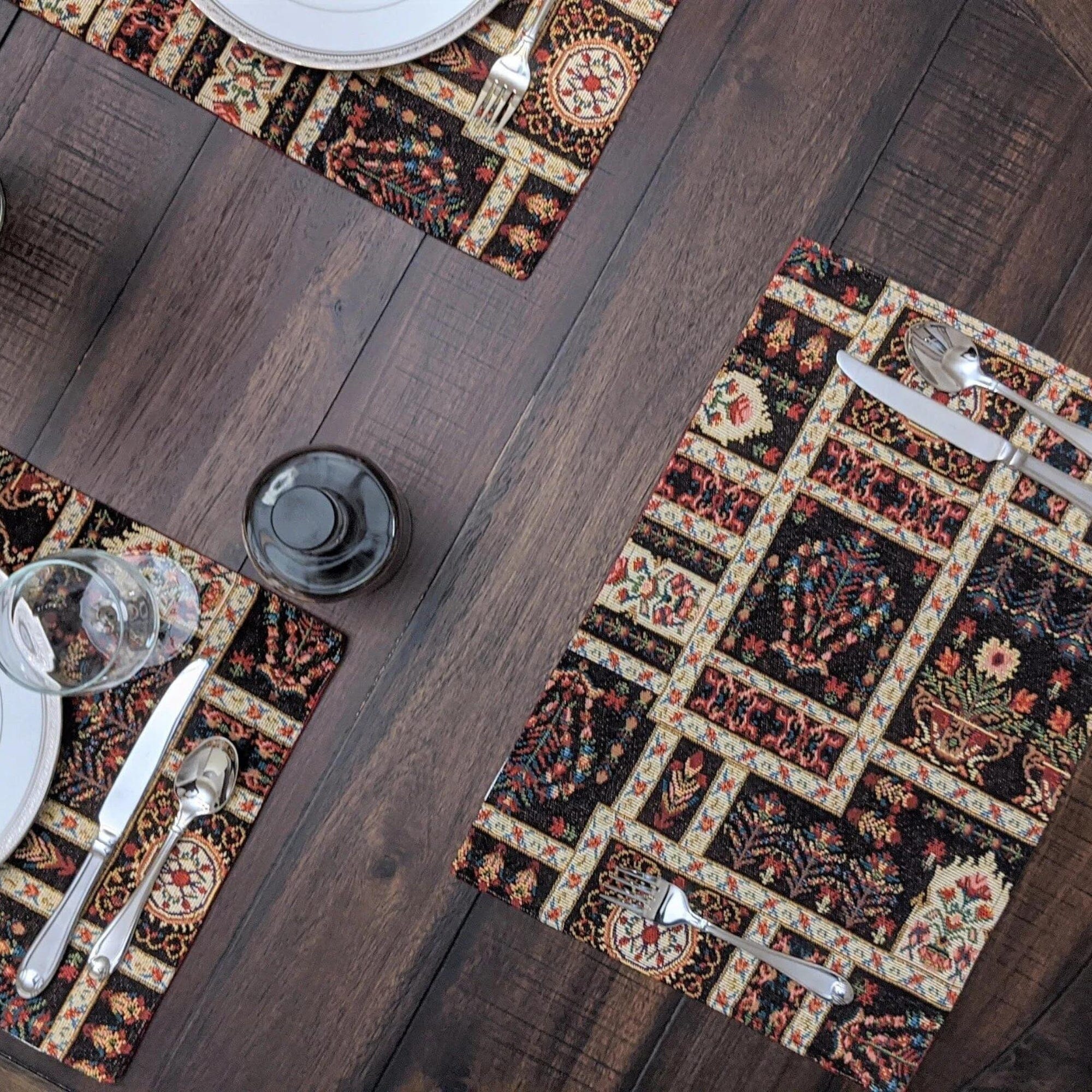 DaDalogy Bedding Set of 4-Pieces Dark Noir Mughal Floral Botanical Vintage Fleur Tapestry Placemats 13” x 19” (18197)