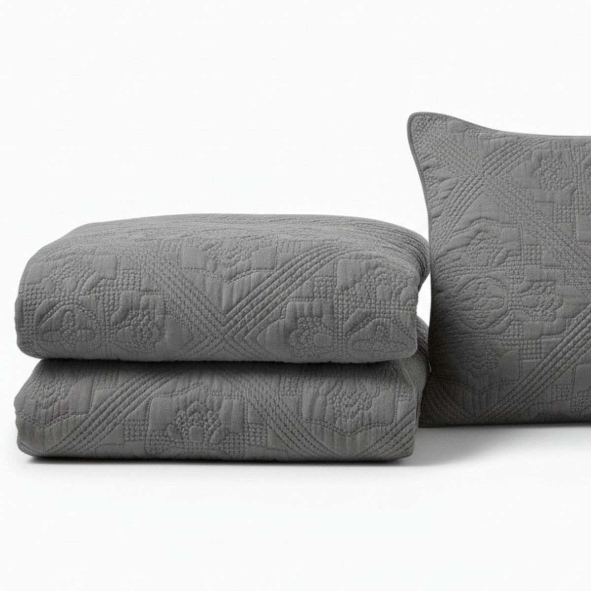 DaDa Bedding Floral Vintage Stone Wash Grey Matelassé Ash Silver Diamond Pattern Quilted Bedspread Set (JHW855)