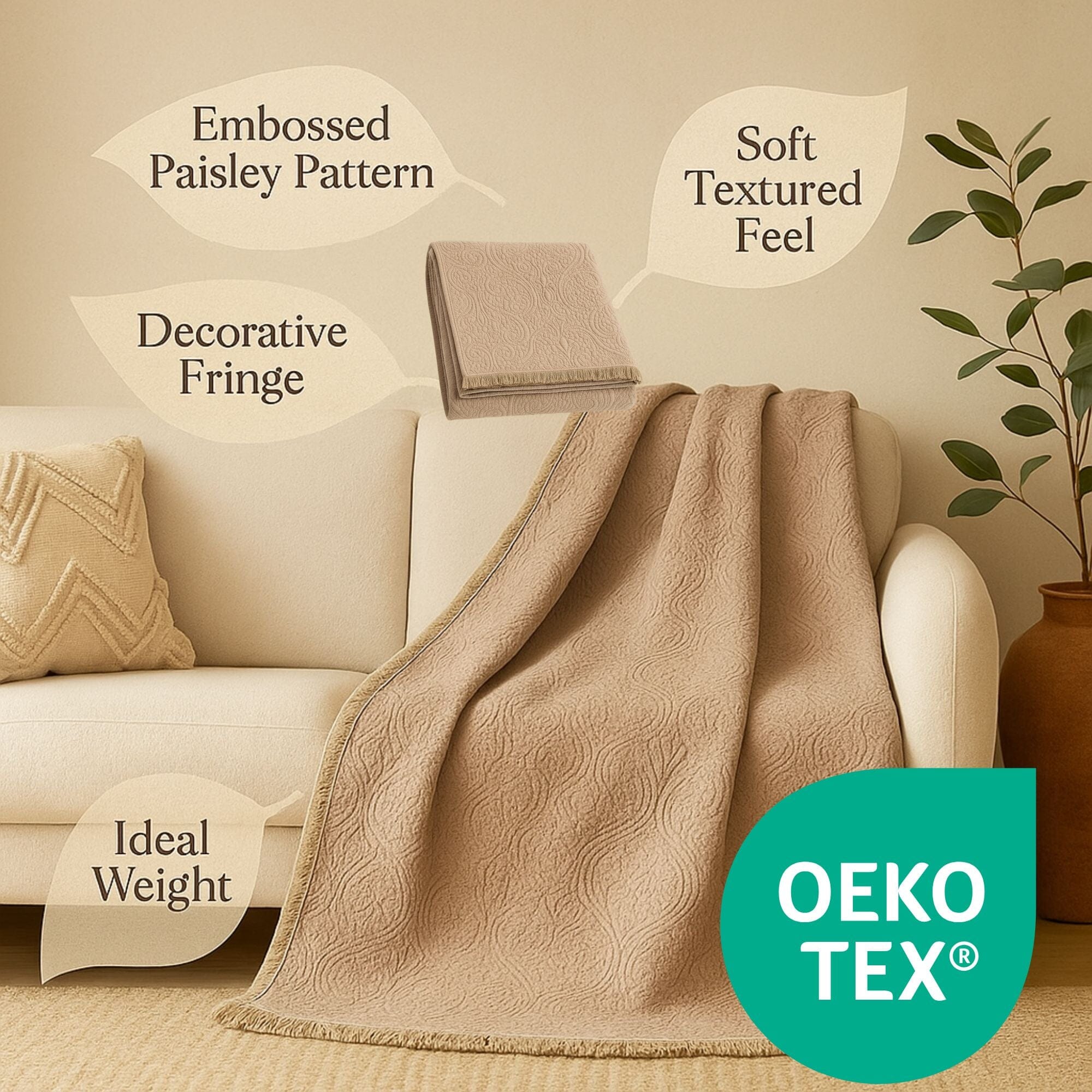 DaDa Bedding Elegant Fringed Cotton Quilted Throw Blanket - Luxurious Solid Soft Paisley Pattern, Cozy Lightweight Lap Throw, Perfect for Couch or Bed, Neutral Sandy Taupe Tan Beige, 50x60 Inches