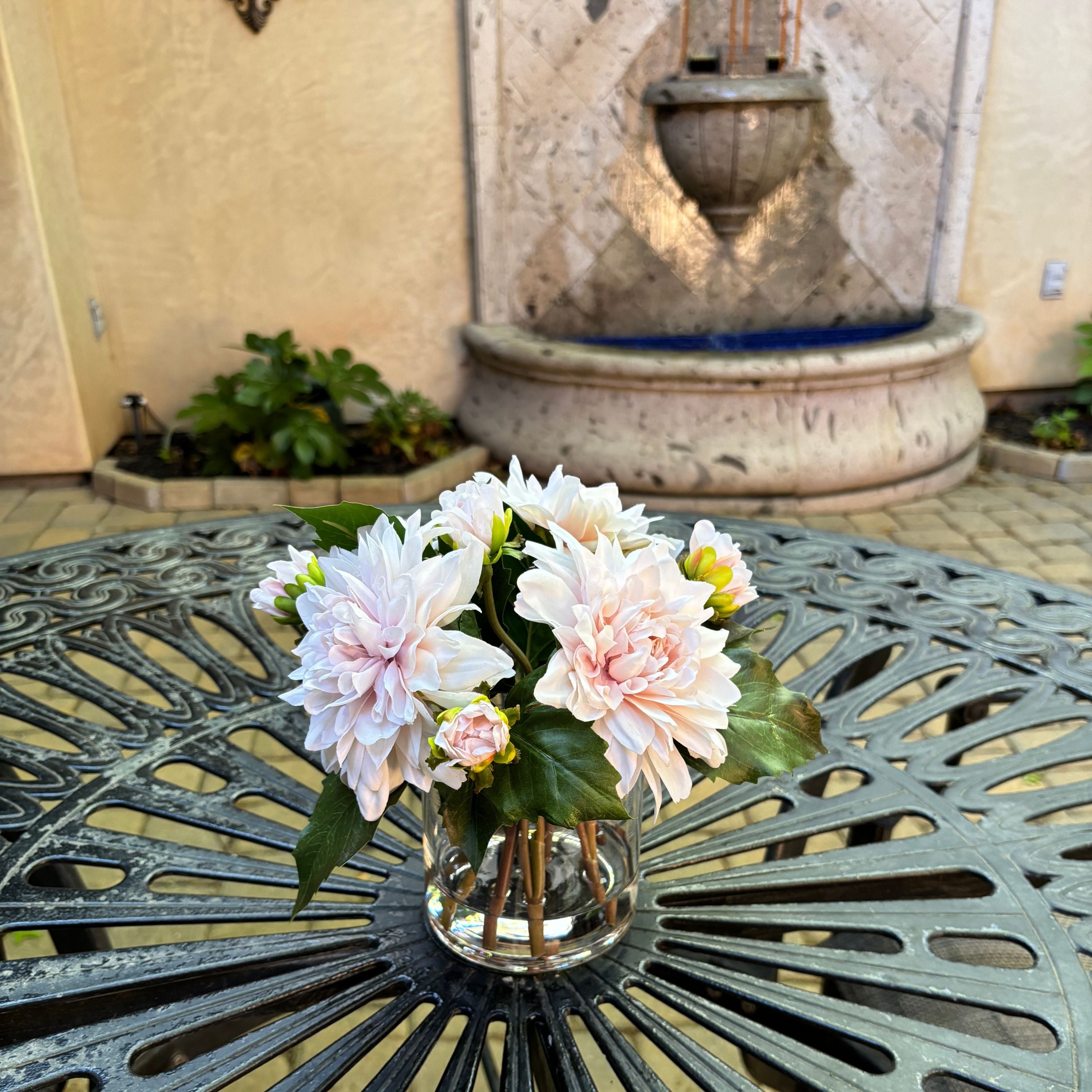 Artificial Dahlia Flower Arrangement in Glass Vase - 10"