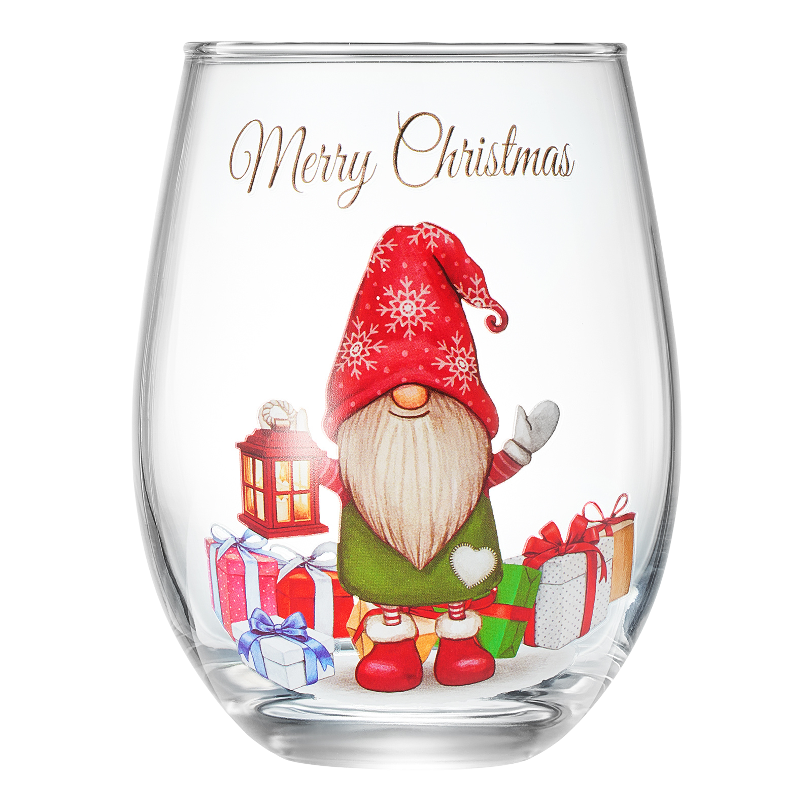 Stemless Christmas Gnome Wine Glass - SINGLE Red Green Cheer for Holiday Gift and Winter Season - 17 oz Stemless Decorated Ornament Wine Tumblers for Holiday Season and Winter by GUTE - 4.7" H-0