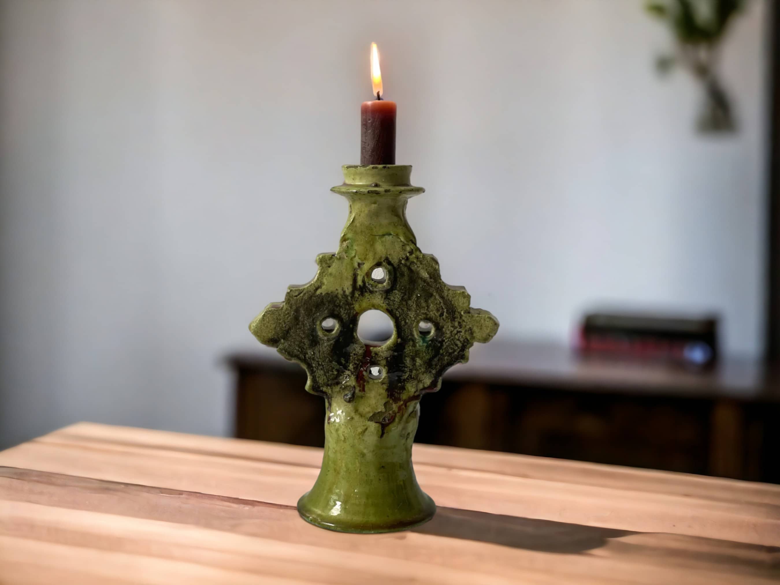 Handcrafted Moroccan Tamegroute Ochre Star Candle Holder-0