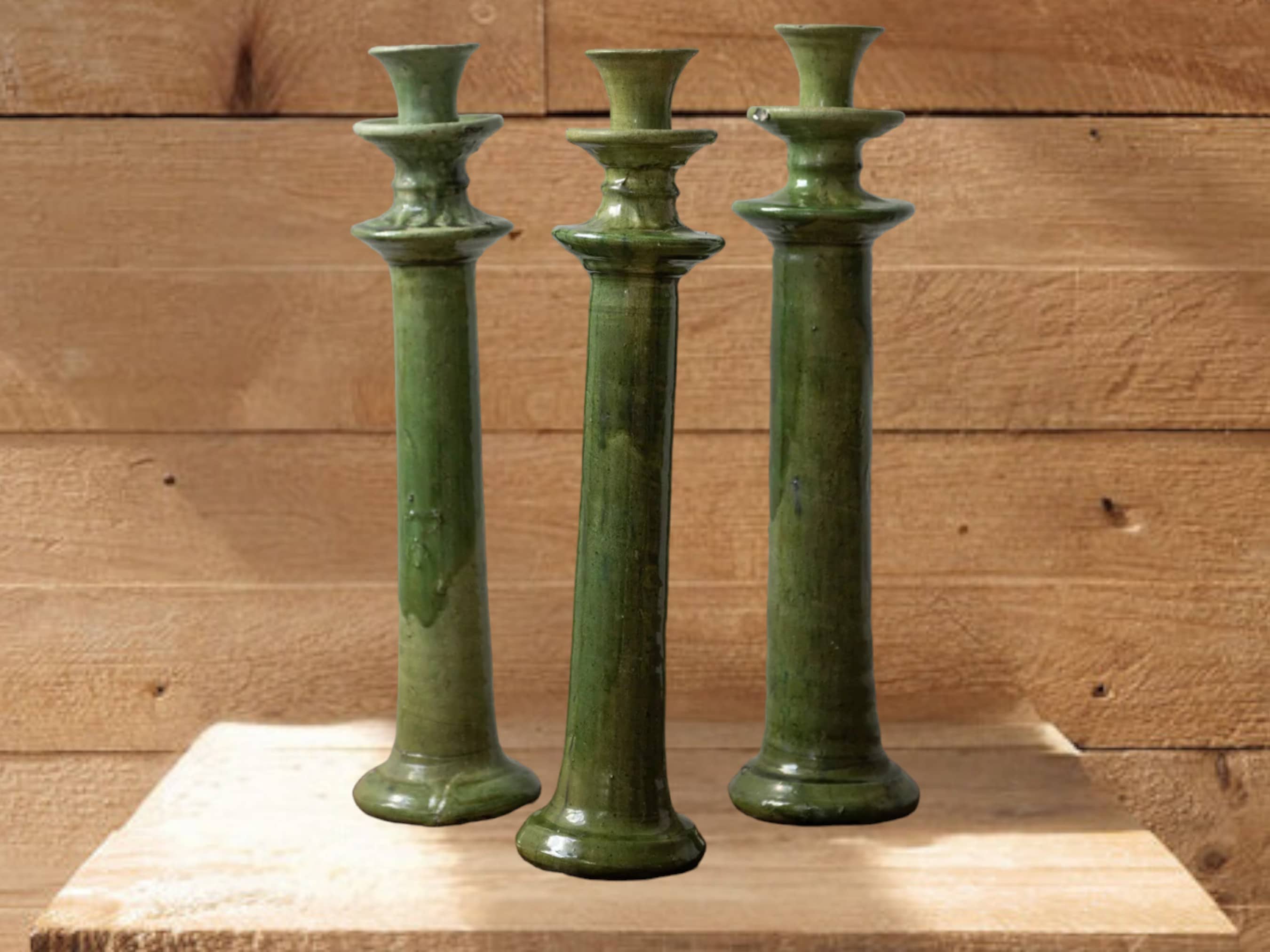 Handcrafted Moroccan Green Tamegroute Large Candlestick Holder-1