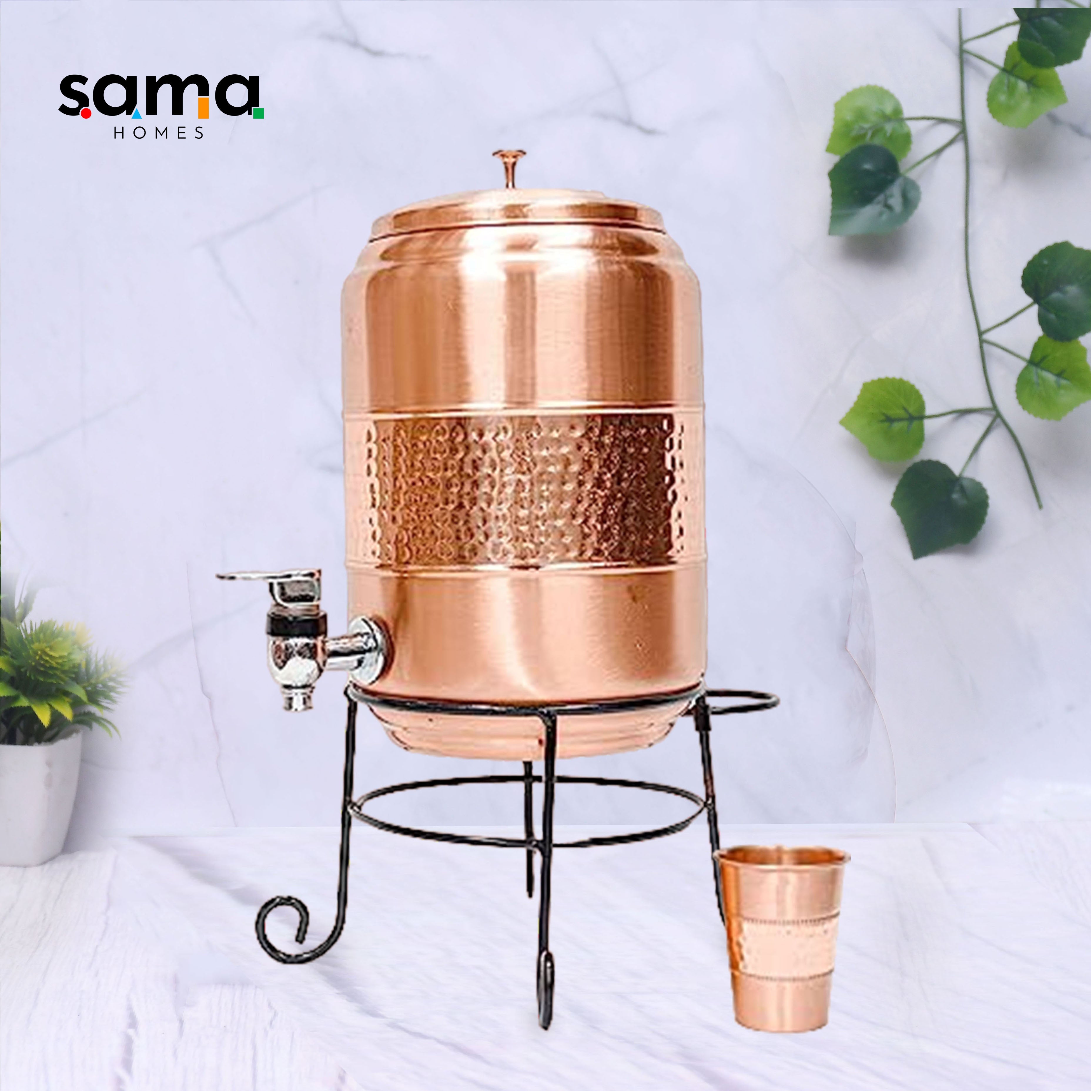 Pure Copper Half Hammered Water Dispenser with Glass and Stand (Matka) Combo 5000ml-1
