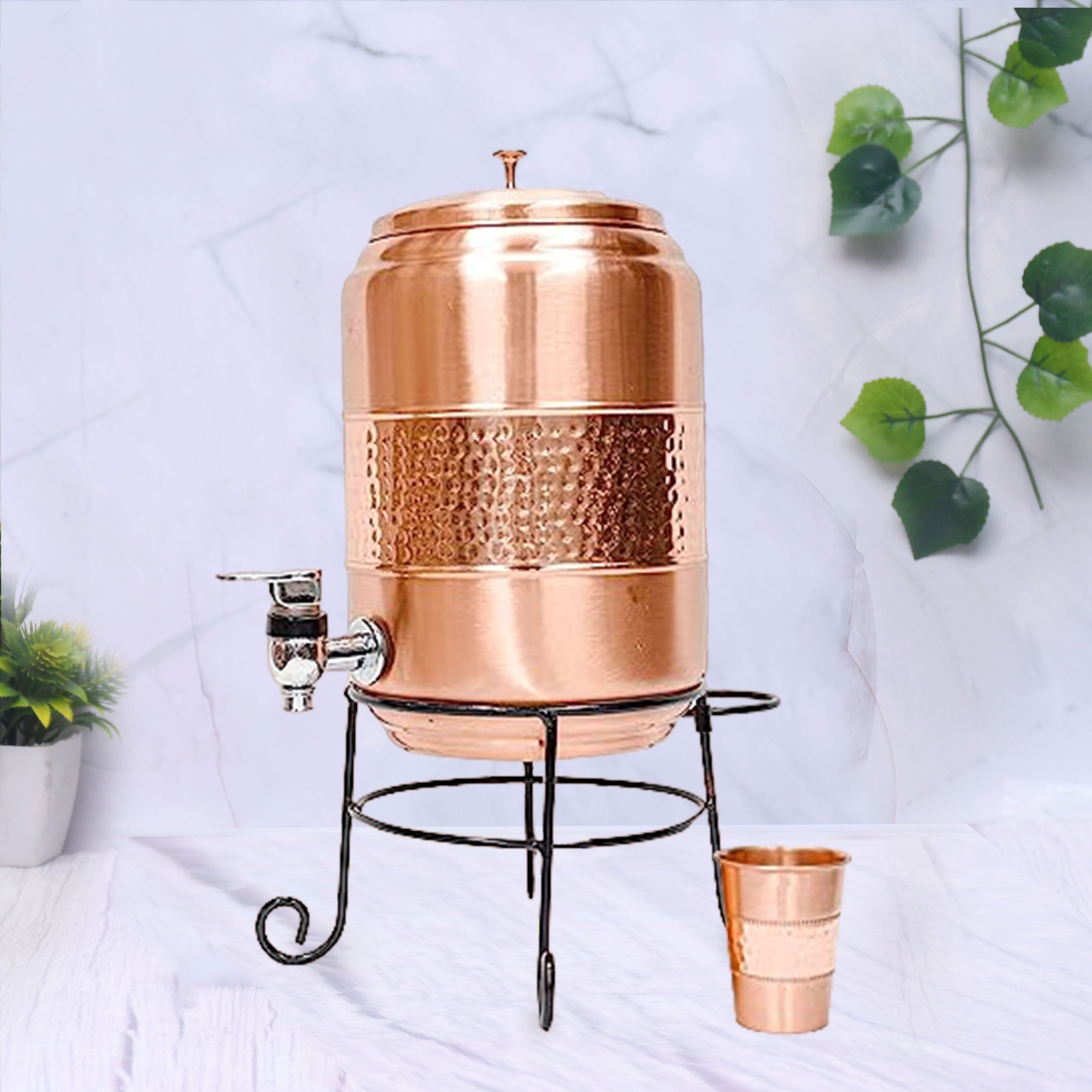 Pure Copper Half Hammered Water Dispenser with Glass and Stand (Matka) Combo 5000ml-0