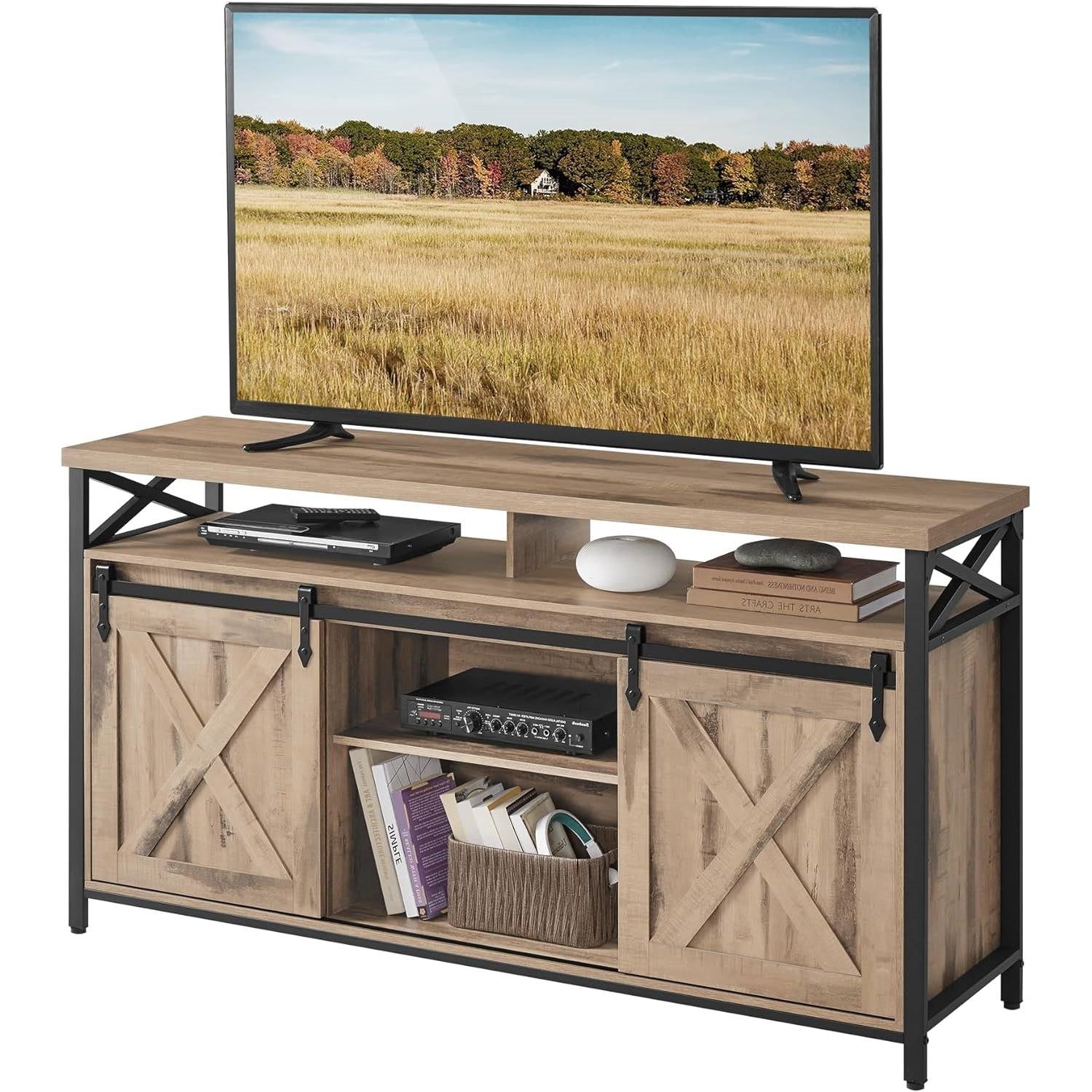 Modern Farmhouse TV Stand with Sliding Barn Doors for TV up to 65-inch-0