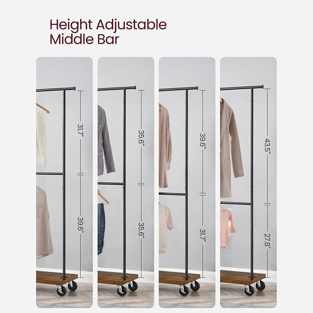 Industrial Style Clothing Garment Rack Double Clothes Hanging Bar on Wheels-1