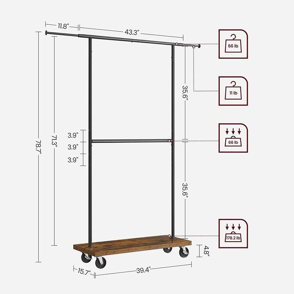 Industrial Style Clothing Garment Rack Double Clothes Hanging Bar on Wheels-3