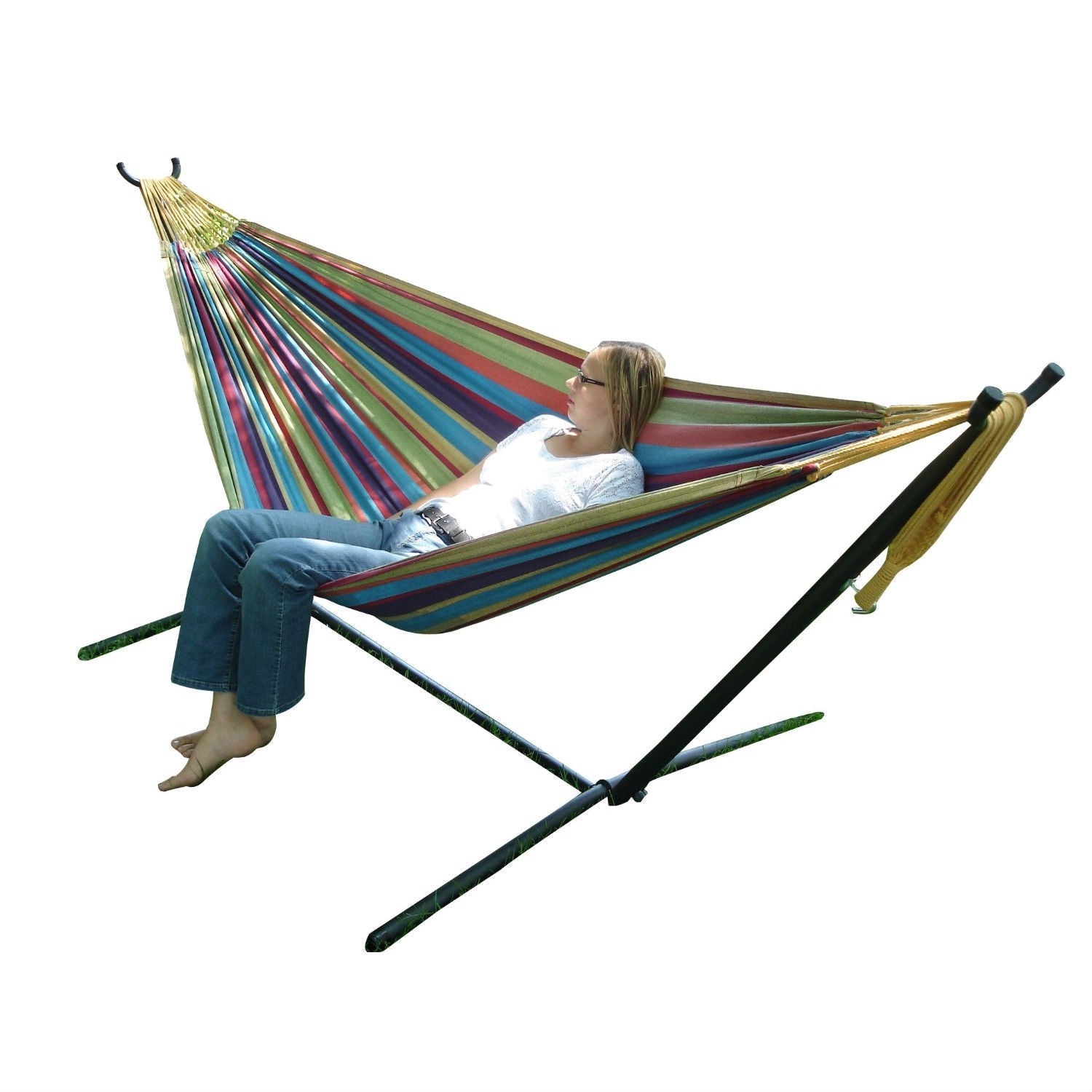 Tropical Fabric Double Hammock with 9-Foot Steel Stand-0