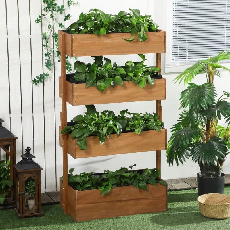 4 Tier Vertical Wooden Planter Box Raised Bed Natural-1