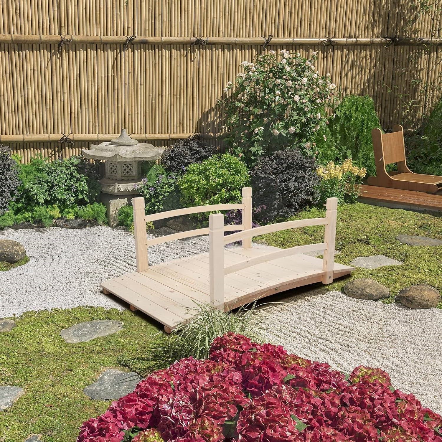 Outdoor 4-ft Wooden Garden Bridge with Rails in Natural Wood Finish-1