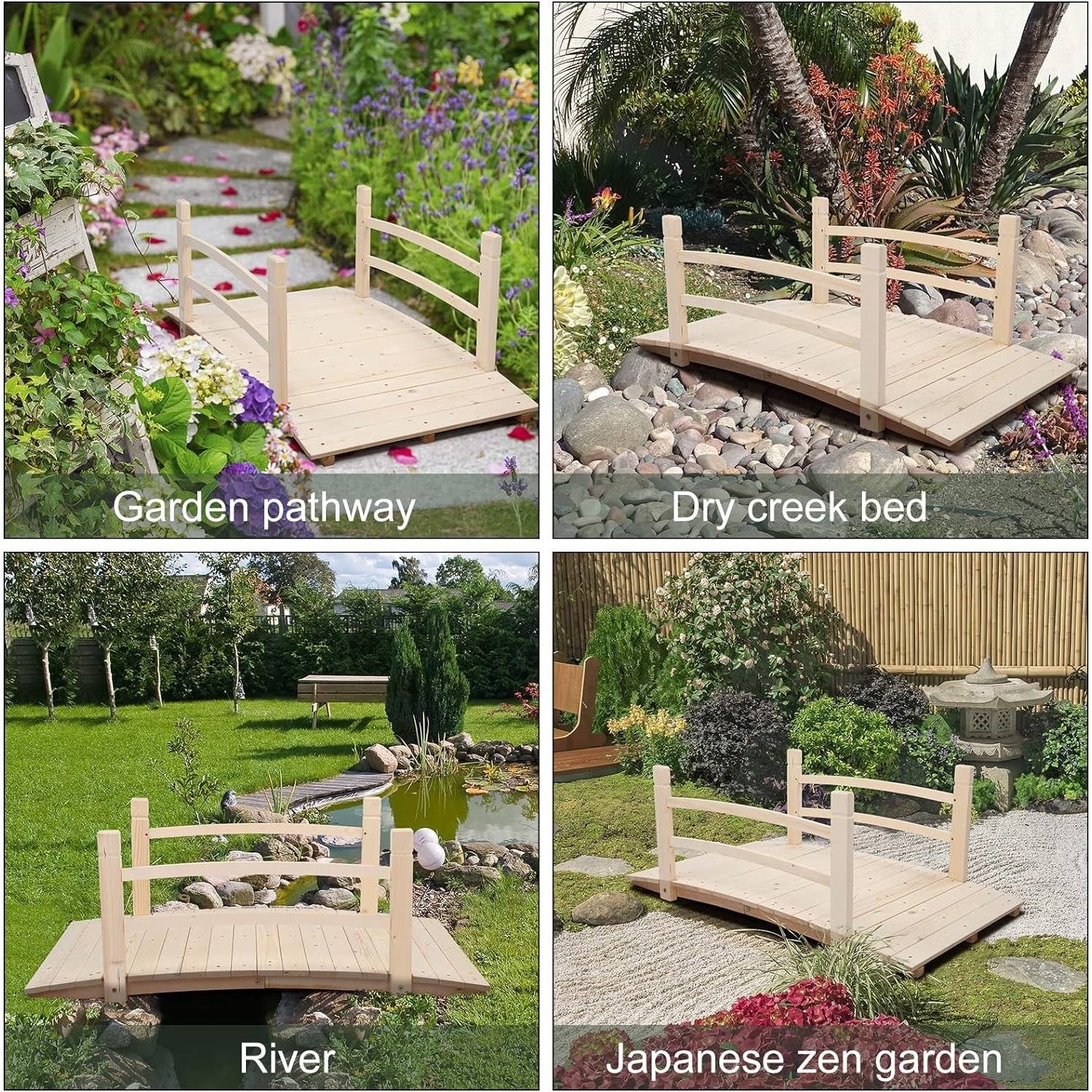 Outdoor 4-ft Wooden Garden Bridge with Rails in Natural Wood Finish-2