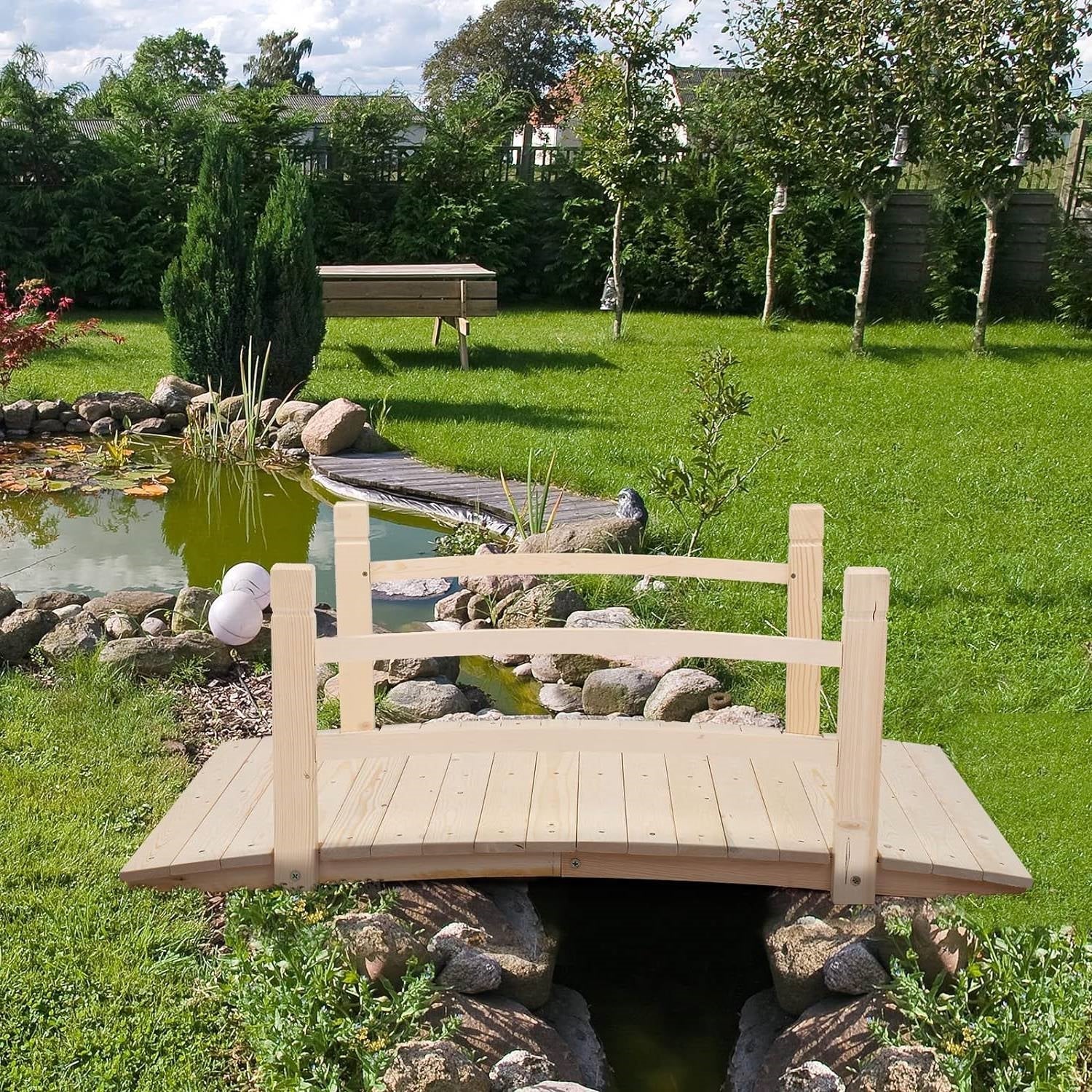 Outdoor 4-ft Wooden Garden Bridge with Rails in Natural Wood Finish-3