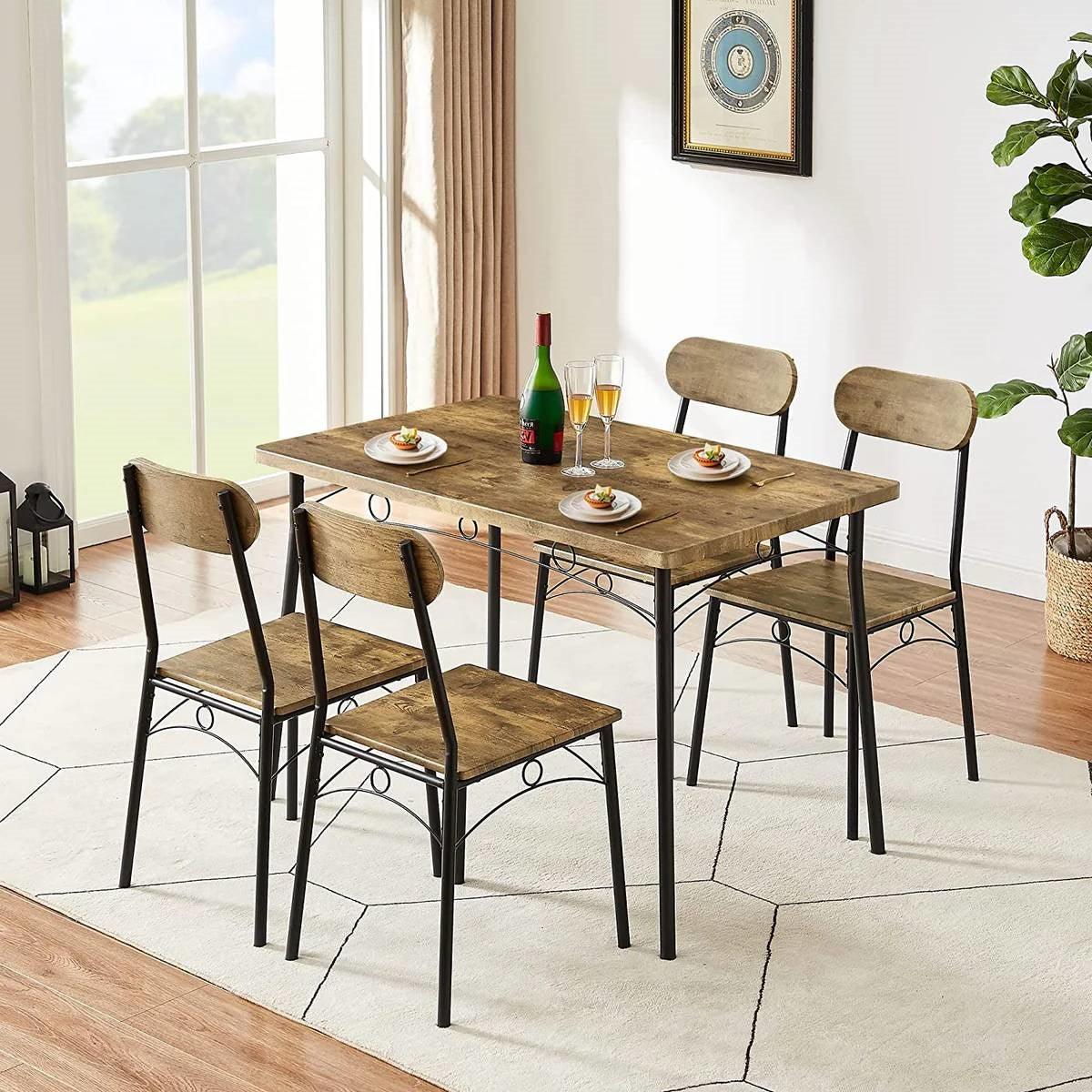 Modern Industrial 5-Piece Dining Set with Wood Top Table and 4 Chairs-2