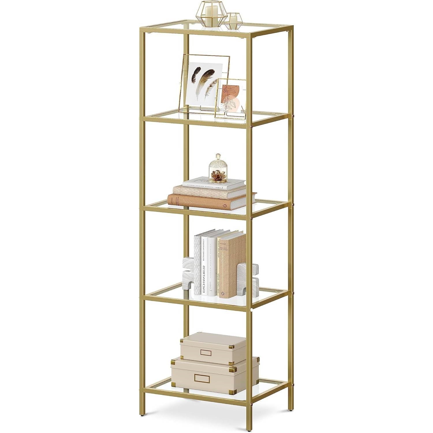 Narrow Gold Metal Frame Glass Shelves Shelving Unit Slim 4-Shelf Bookcase-0