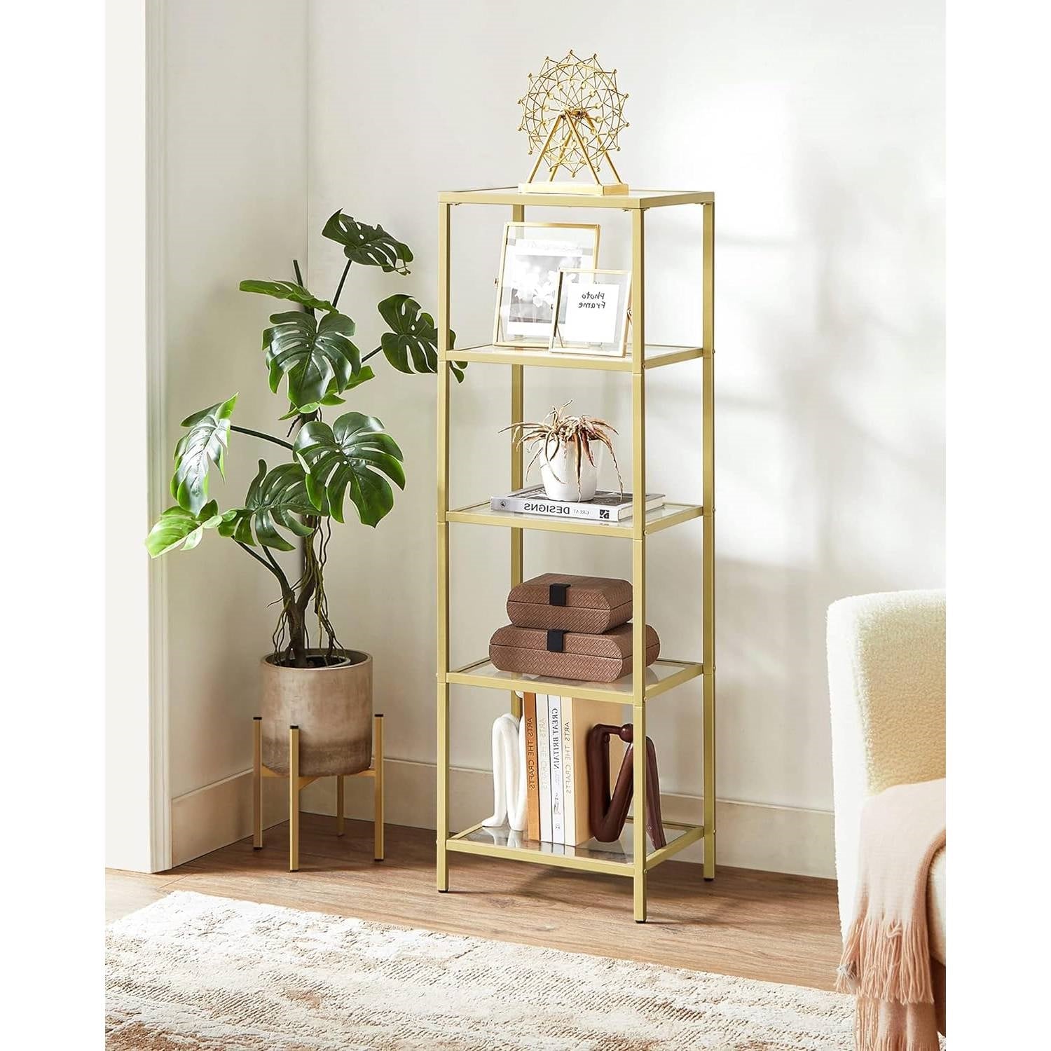 Narrow Gold Metal Frame Glass Shelves Shelving Unit Slim 4-Shelf Bookcase-1