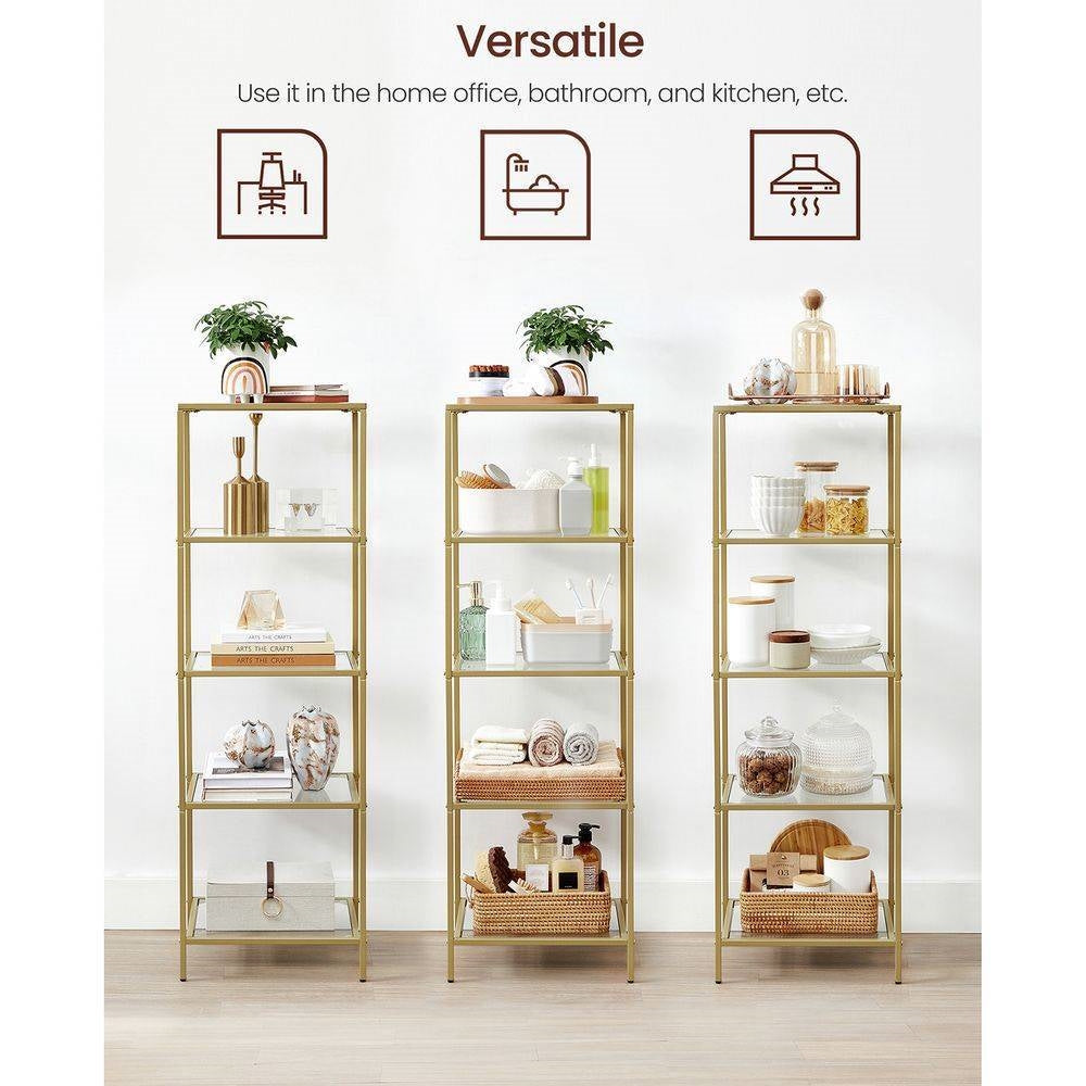 Narrow Gold Metal Frame Glass Shelves Shelving Unit Slim 4-Shelf Bookcase-2