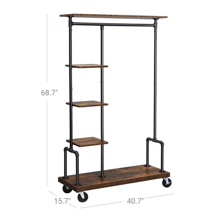 Industrial Metal Pipe Garment Rack with Wood Storage Shelves on Wheels-4