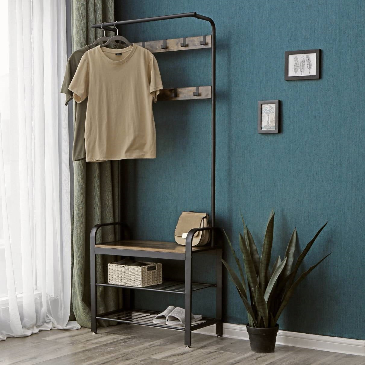 Entryway Modern Industrial Style Hall Tree Coat Rack Shoe Storage Bench-3