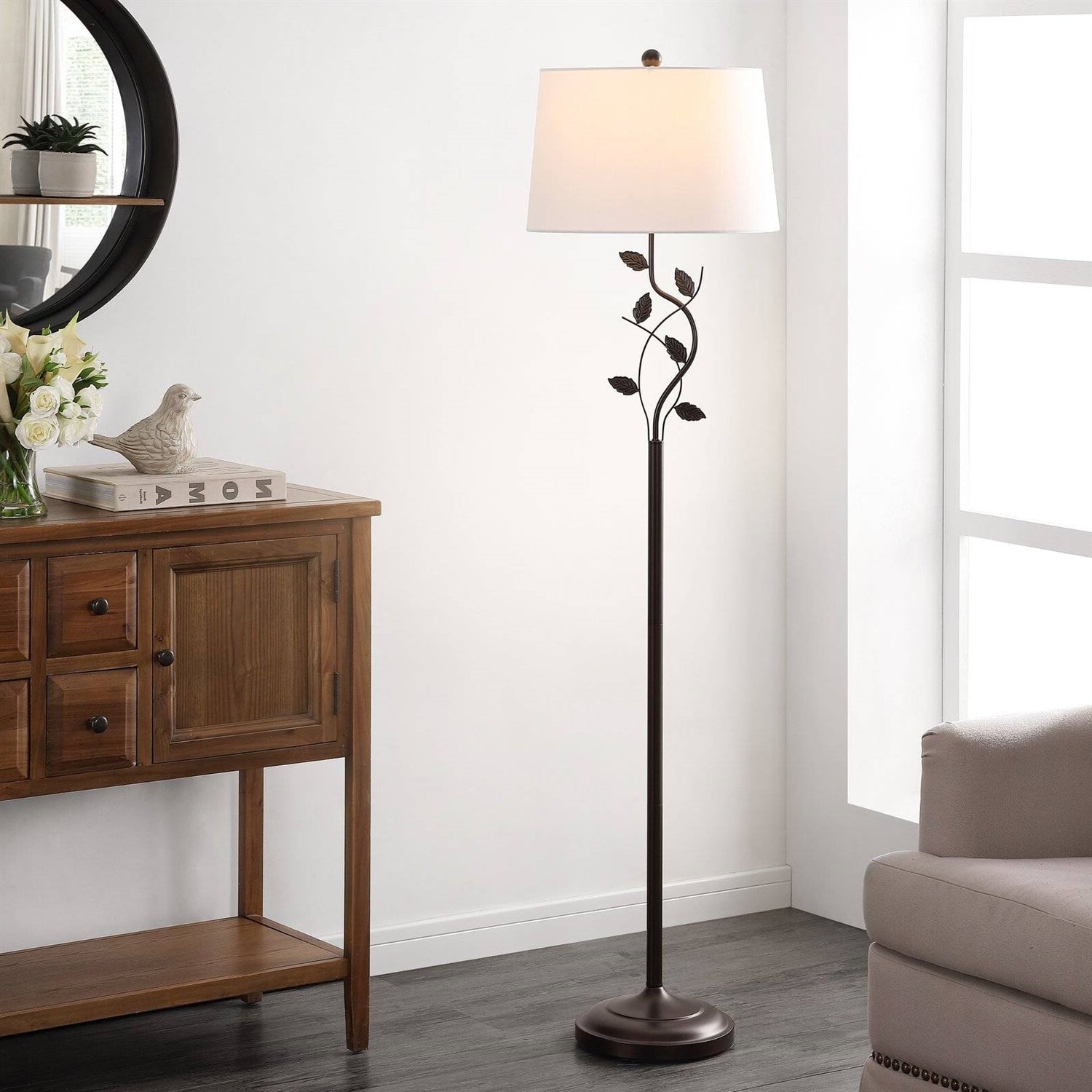 Vine Leaves Floor Lamp in Bronze Finish with White Shade-0