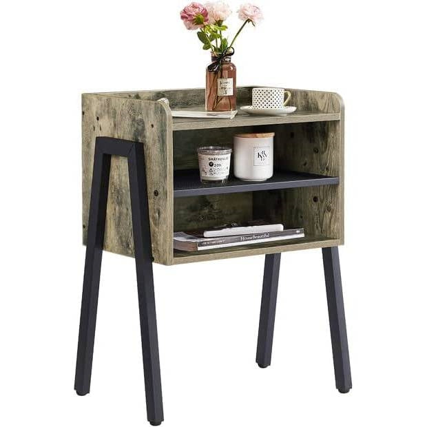 Modern Industrial Grey Wood Black Metal Side Table Nightstand End Table-0
