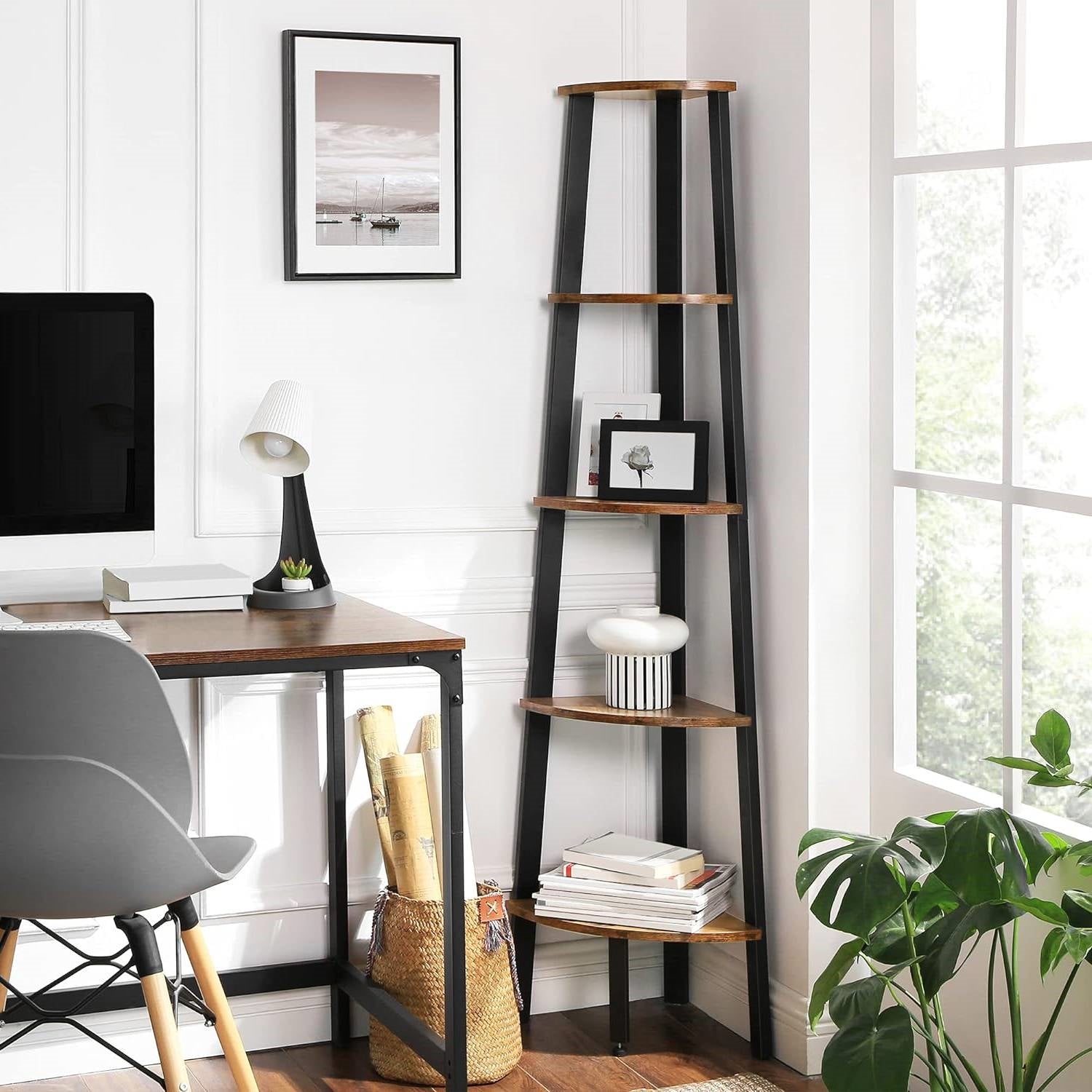 Modern 4-Shelf Brown Black Corner Shelving Unit Slim Bookcase-1