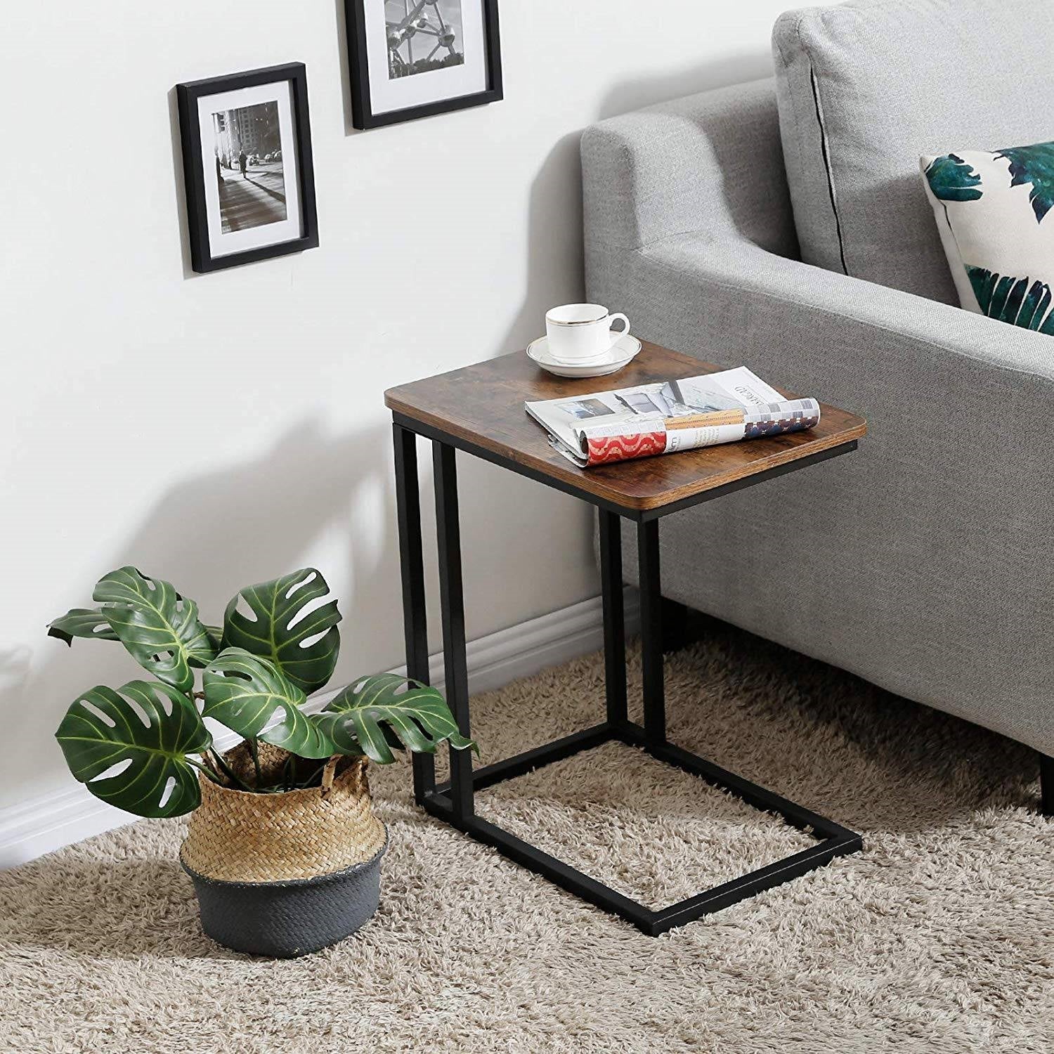 Modern Industrial Side Table Nightstand TV Tray on Wheels-3