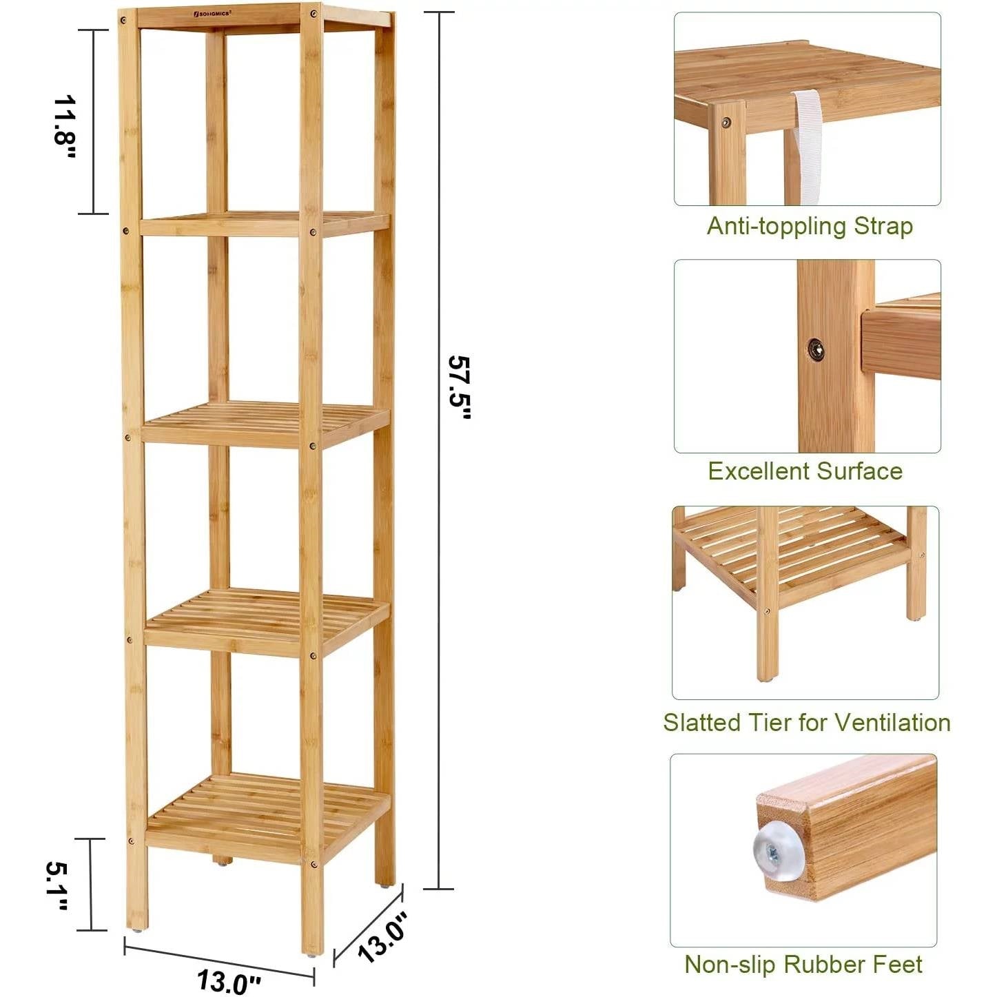 Slim 4-Shelf Natural Bamboo Wooden Shelving Unit Storage Rack Bookcase-4