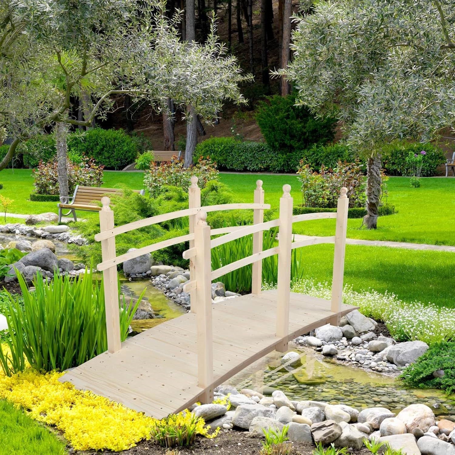 Outdoor 7.5-Ft Wooden Garden Bridge in Natural Wood Finish-1