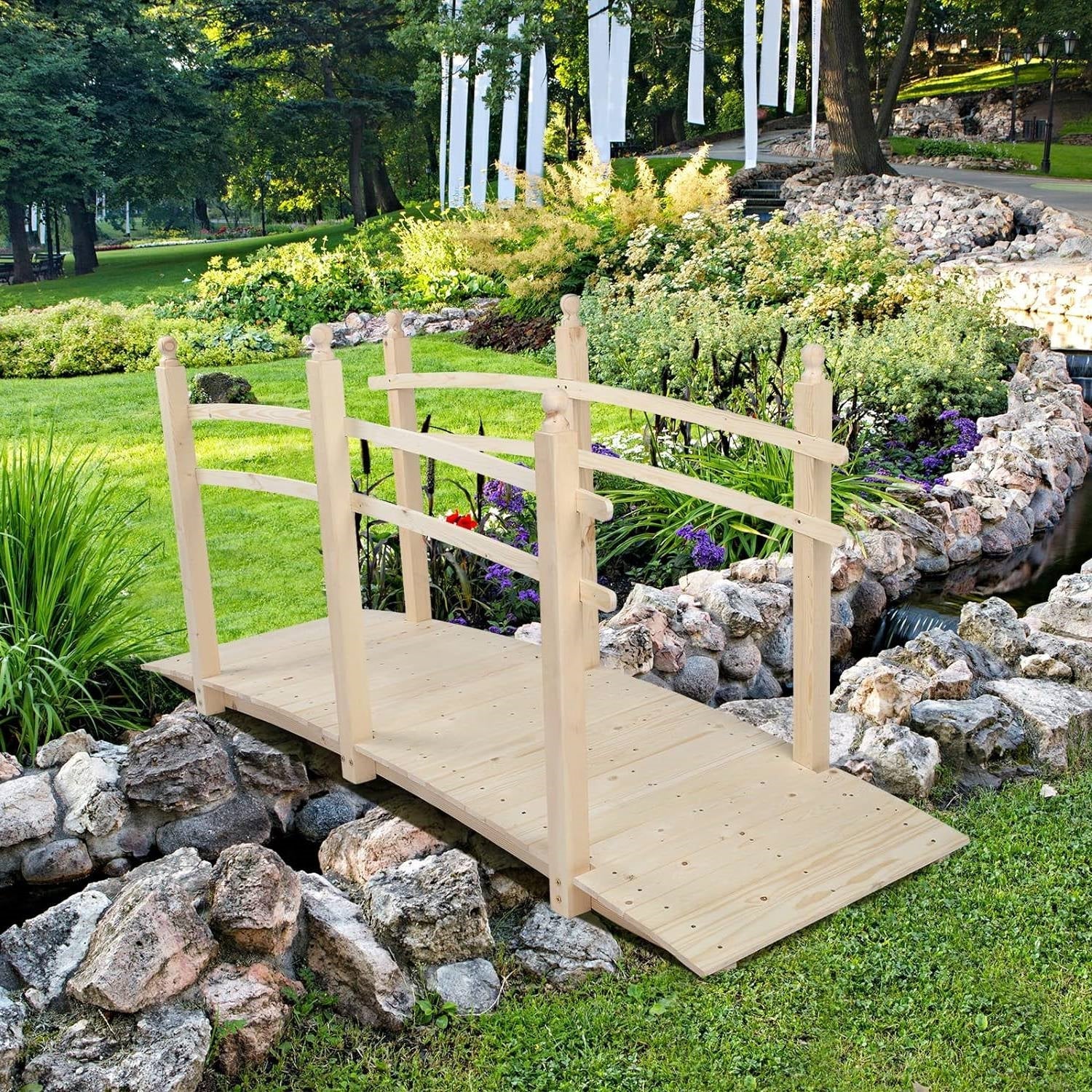 Outdoor 7.5-Ft Wooden Garden Bridge in Natural Wood Finish-2