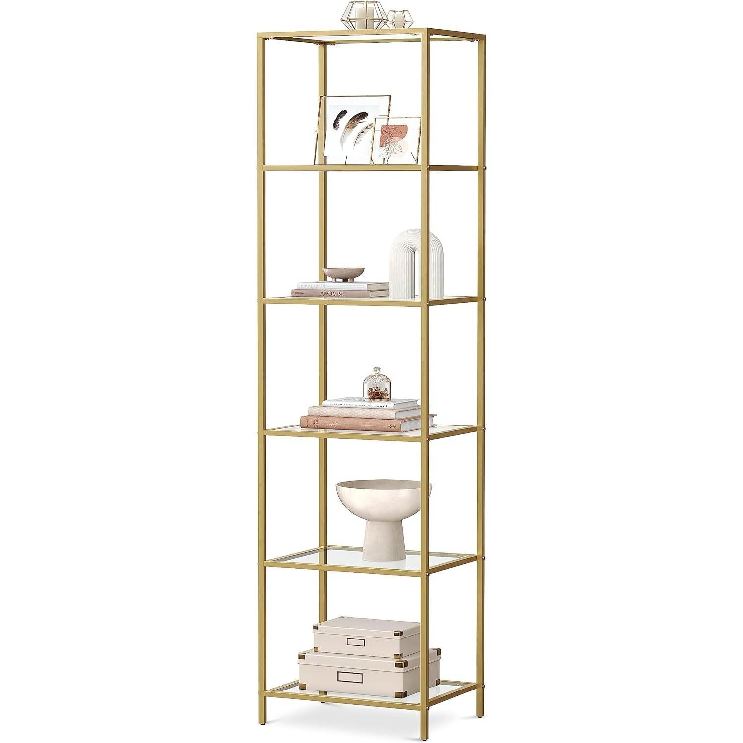 Narrow Glass Shelf Bookcase Bedroom Living Office Bath Storage Unit in Gold-2