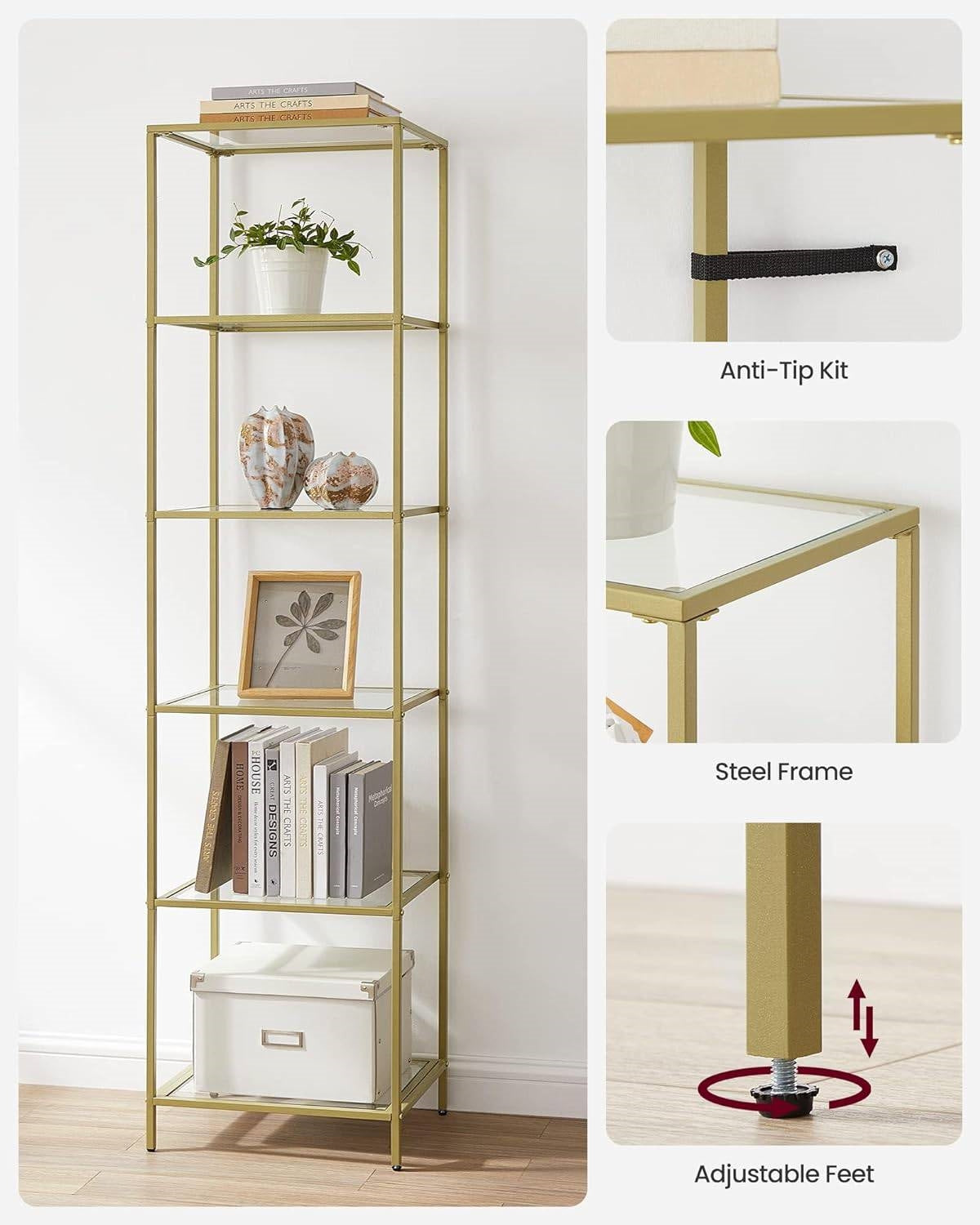 Narrow Glass Shelf Bookcase Bedroom Living Office Bath Storage Unit in Gold-3