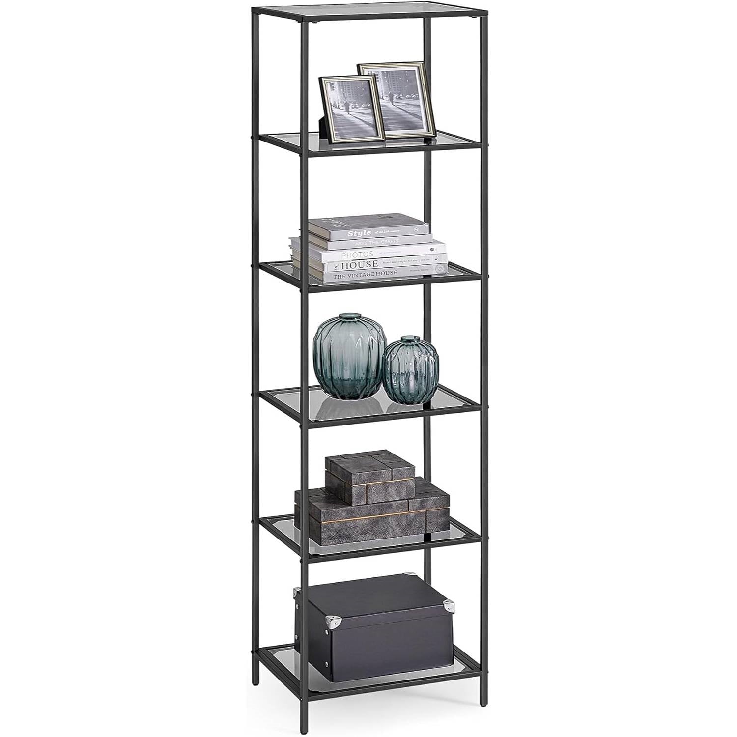 Narrow Glass Shelves Bookcase 5-Shelf Shelving Unit with Black Grey Metal Frame-0