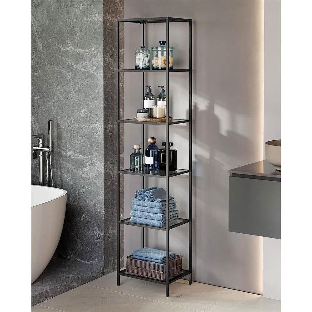 Narrow Glass Shelves Bookcase 5-Shelf Shelving Unit with Black Grey Metal Frame-1