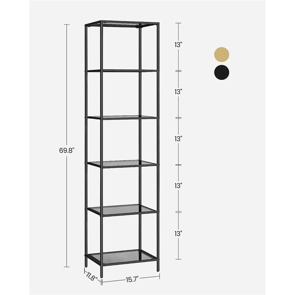 Narrow Glass Shelves Bookcase 5-Shelf Shelving Unit with Black Grey Metal Frame-4